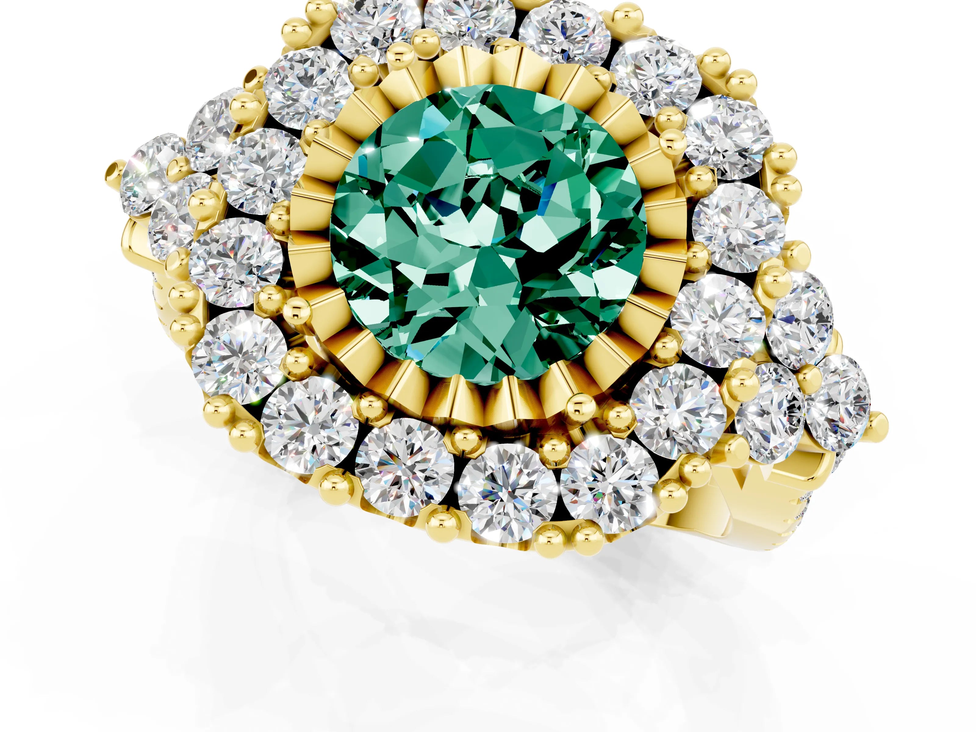 Yellow gold Round Cut Green Sapphire Halo Ring with Pavé Band and Four-Prong Setting_13