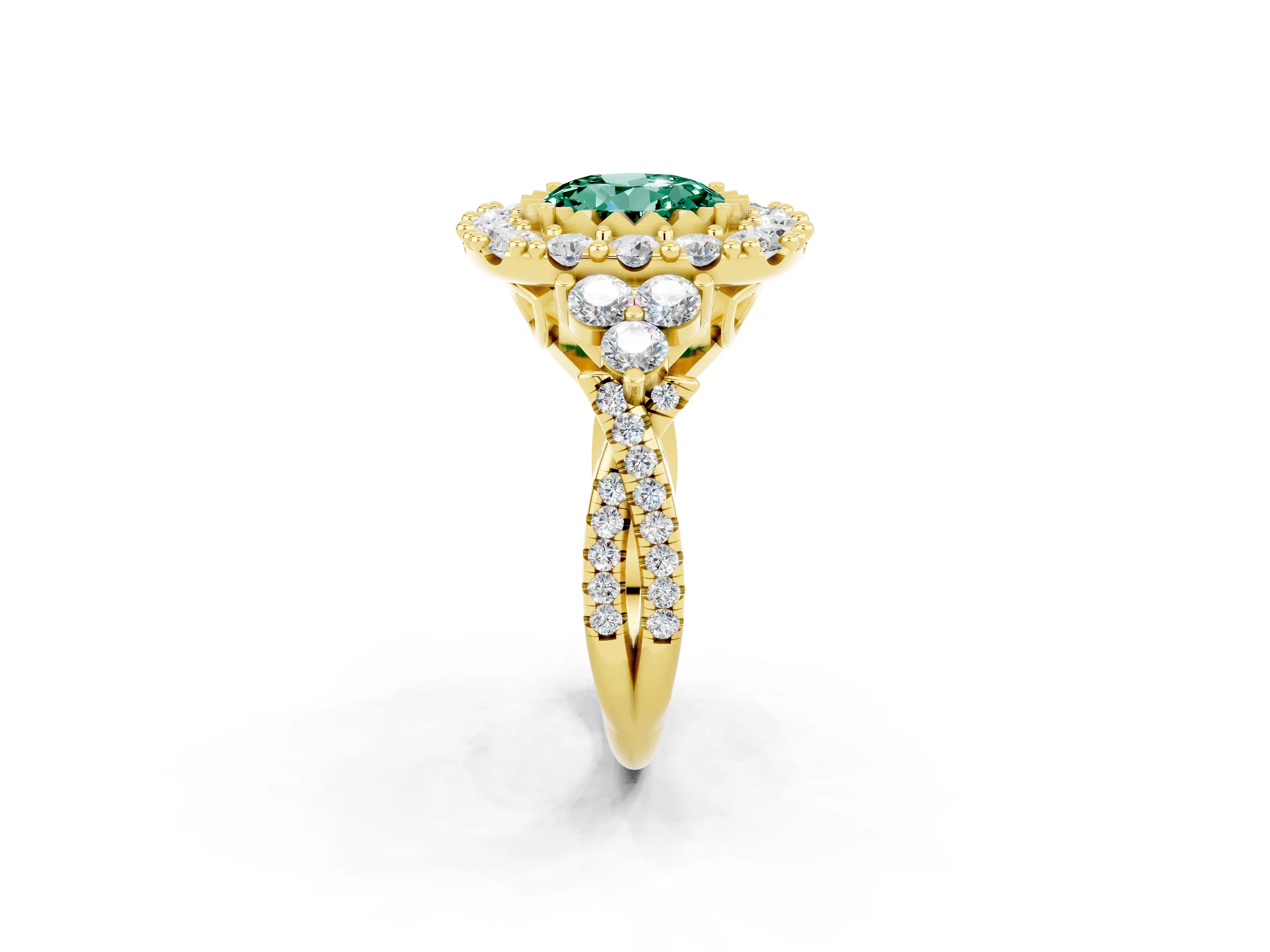 Yellow gold Round Cut Green Sapphire Halo Ring with Pavé Band and Four-Prong Setting_14