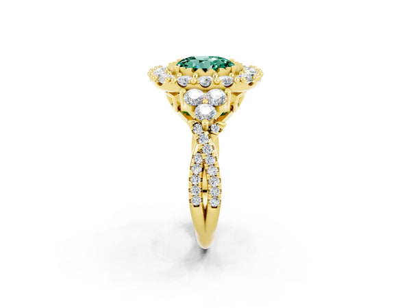 Yellow gold Round Cut Green Sapphire Halo Ring with Pavé Band and Four-Prong Setting