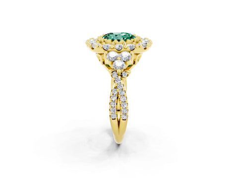Yellow gold Round Cut Green Sapphire Halo Ring with Pavé Band and Four-Prong Setting_14