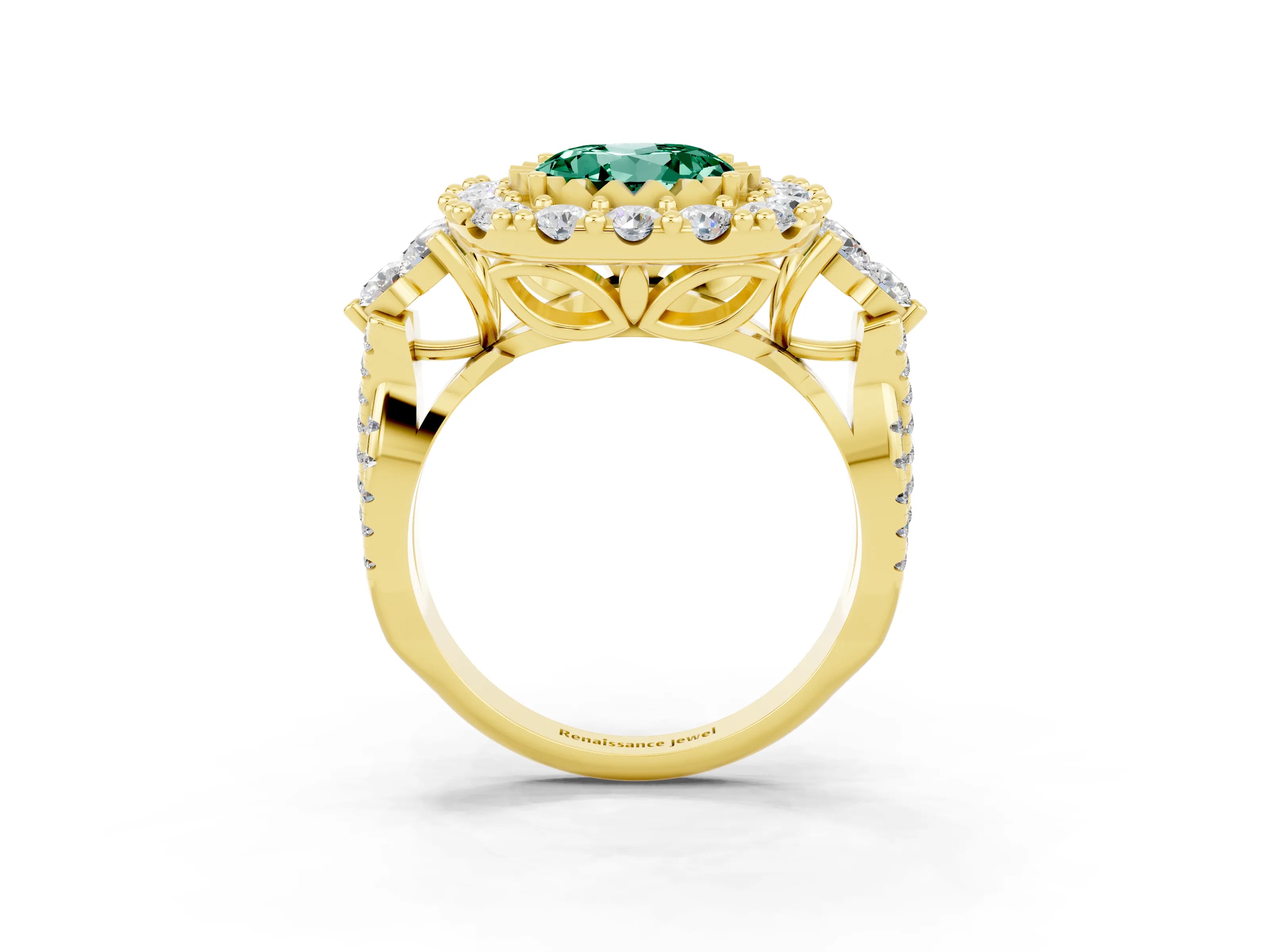 Yellow gold Round Cut Green Sapphire Halo Ring with Pavé Band and Four-Prong Setting_15