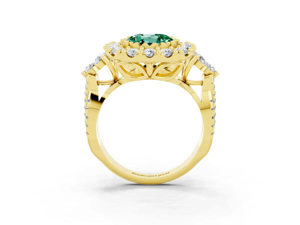 Yellow gold Round Cut Green Sapphire Halo Ring with Pavé Band and Four-Prong Setting