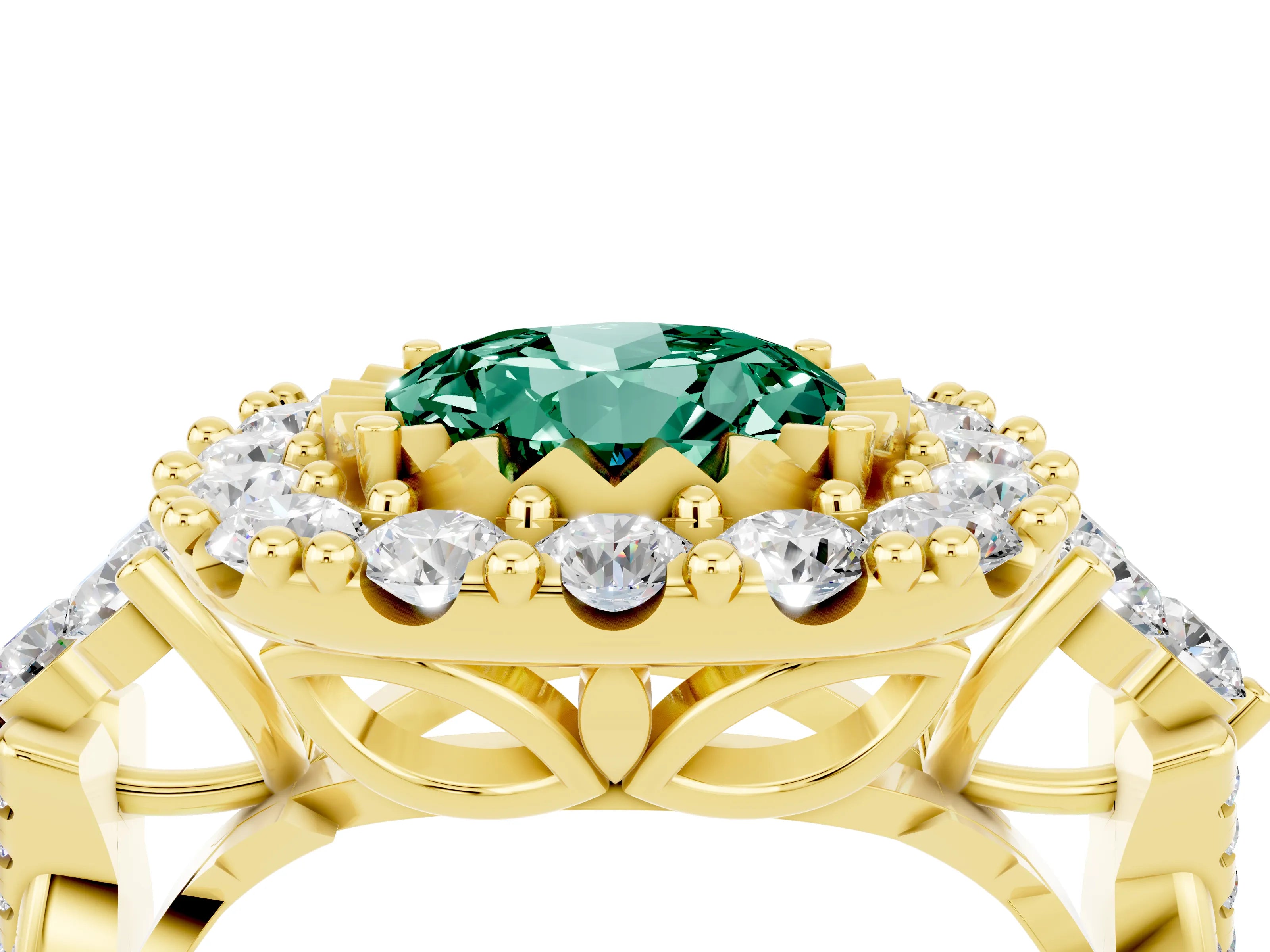 Yellow gold Round Cut Green Sapphire Halo Ring with Pavé Band and Four-Prong Setting_16