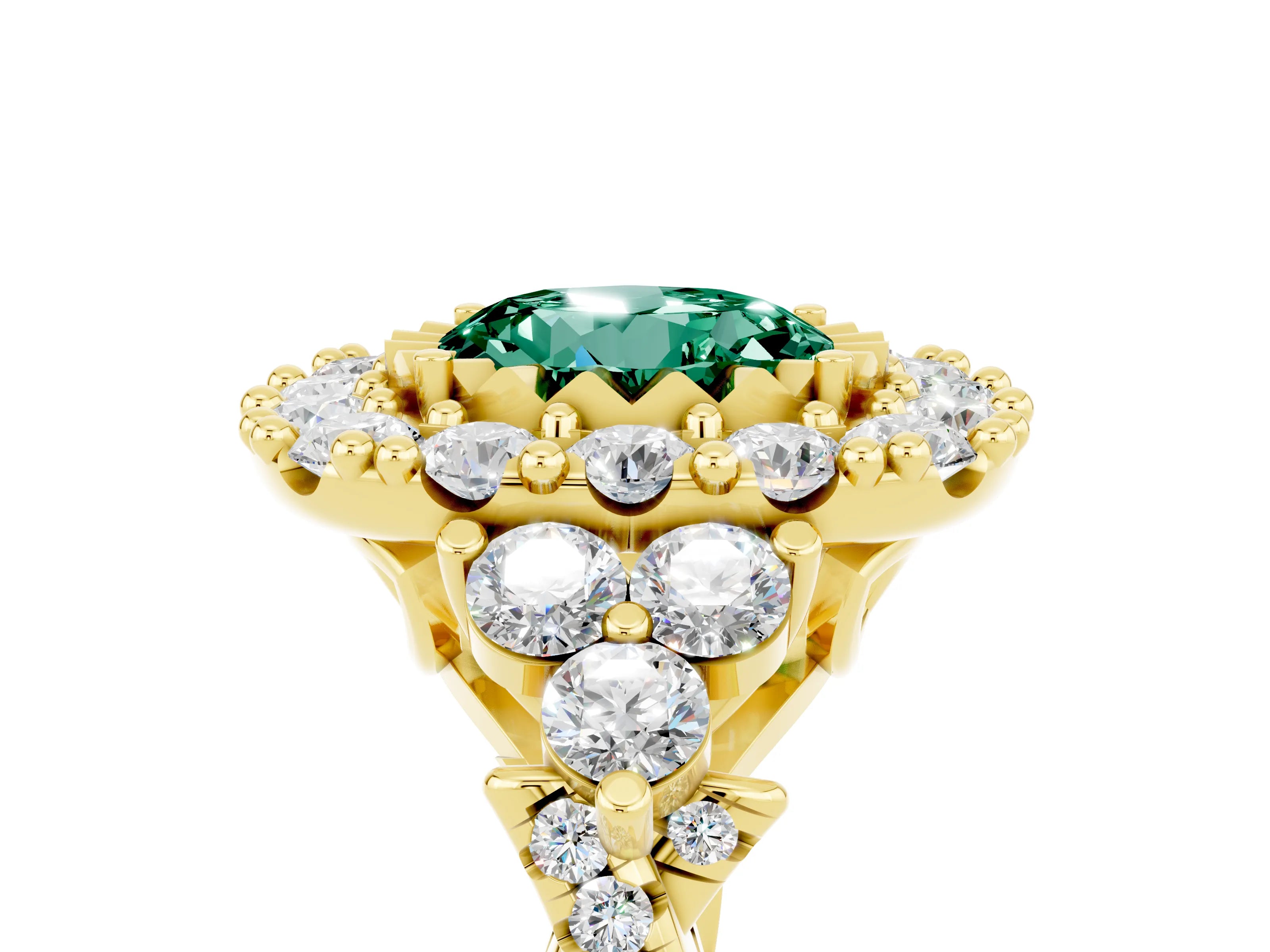 Yellow gold Round Cut Green Sapphire Halo Ring with Pavé Band and Four-Prong Setting_17