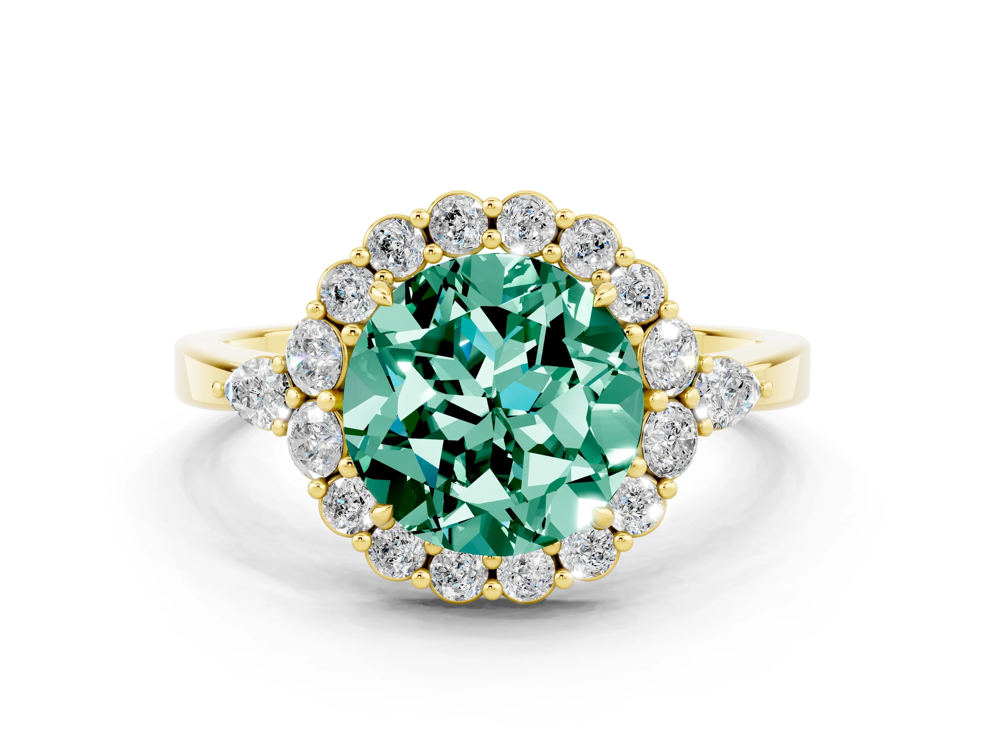 Yellow gold Round Cut Green Sapphire Halo Ring with Pear Side Stones and Prong Setting_12