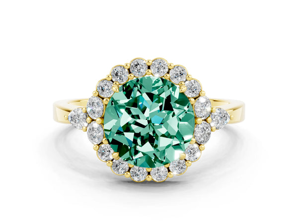 Yellow gold Round Cut Green Sapphire Halo Ring with Pear Side Stones and Prong Setting