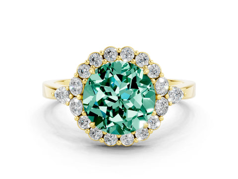 Yellow gold Round Cut Green Sapphire Halo Ring with Pear Side Stones and Prong Setting_12