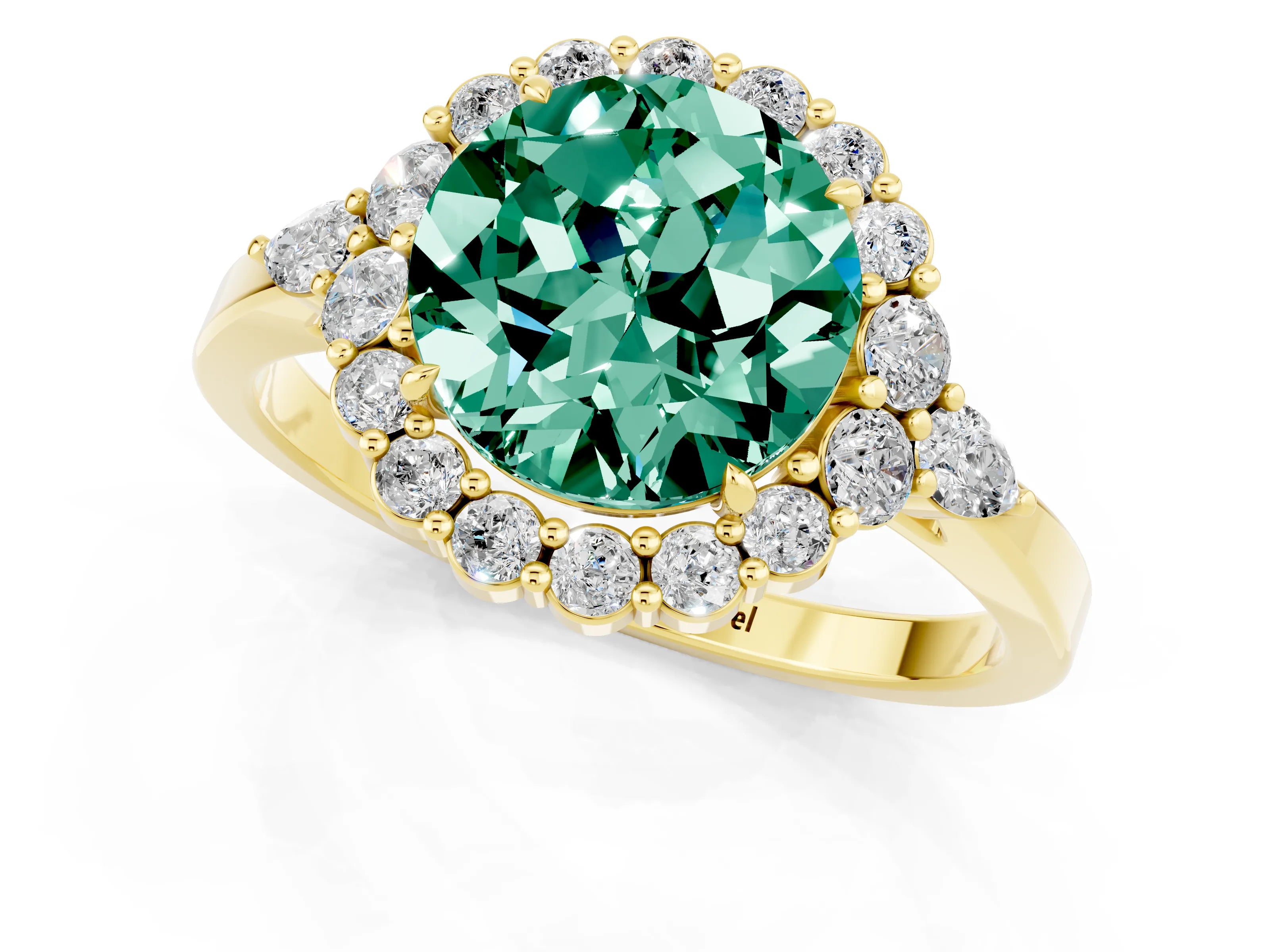Yellow gold Round Cut Green Sapphire Halo Ring with Pear Side Stones and Prong Setting_13