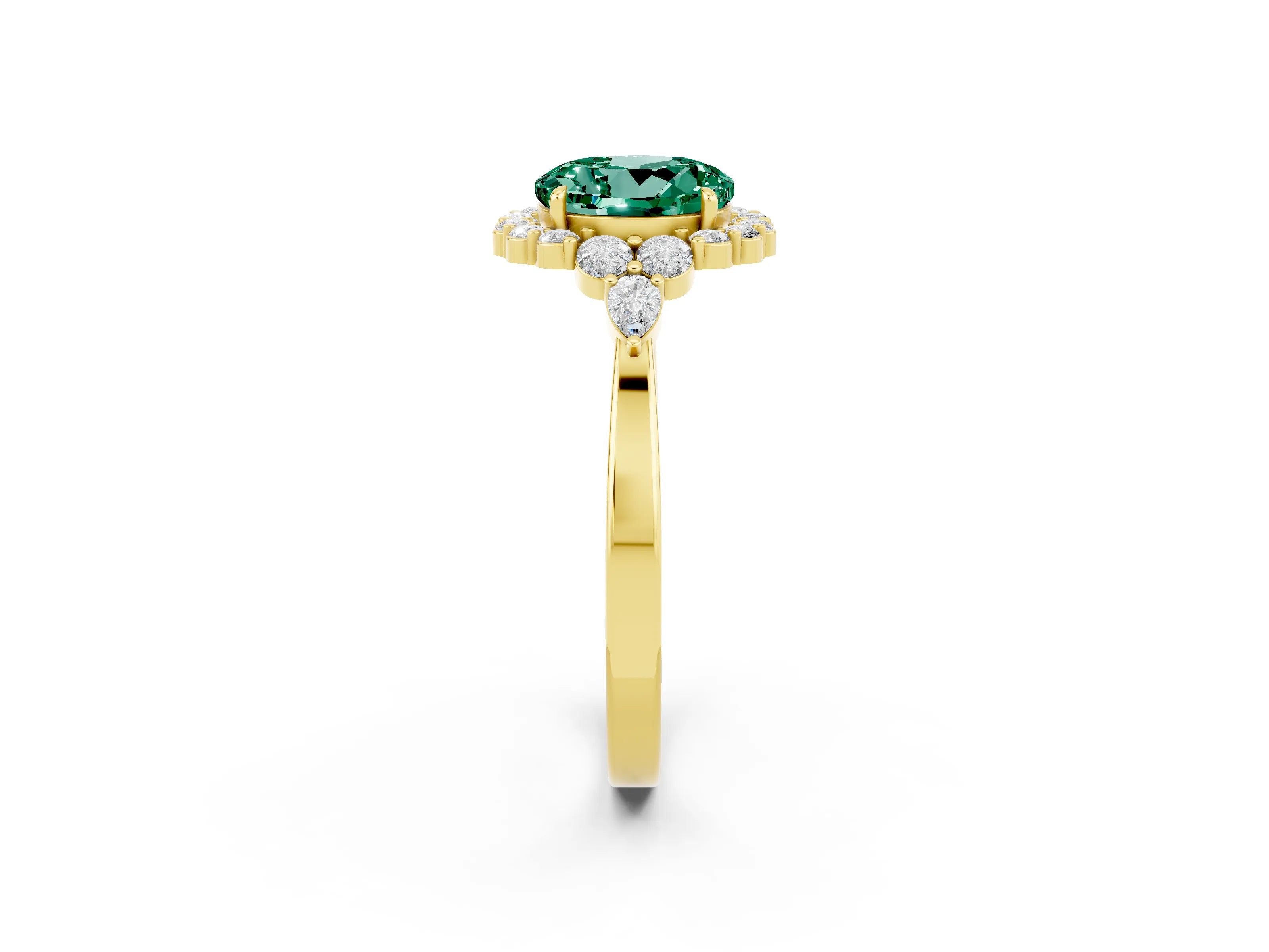 Yellow gold Round Cut Green Sapphire Halo Ring with Pear Side Stones and Prong Setting_14