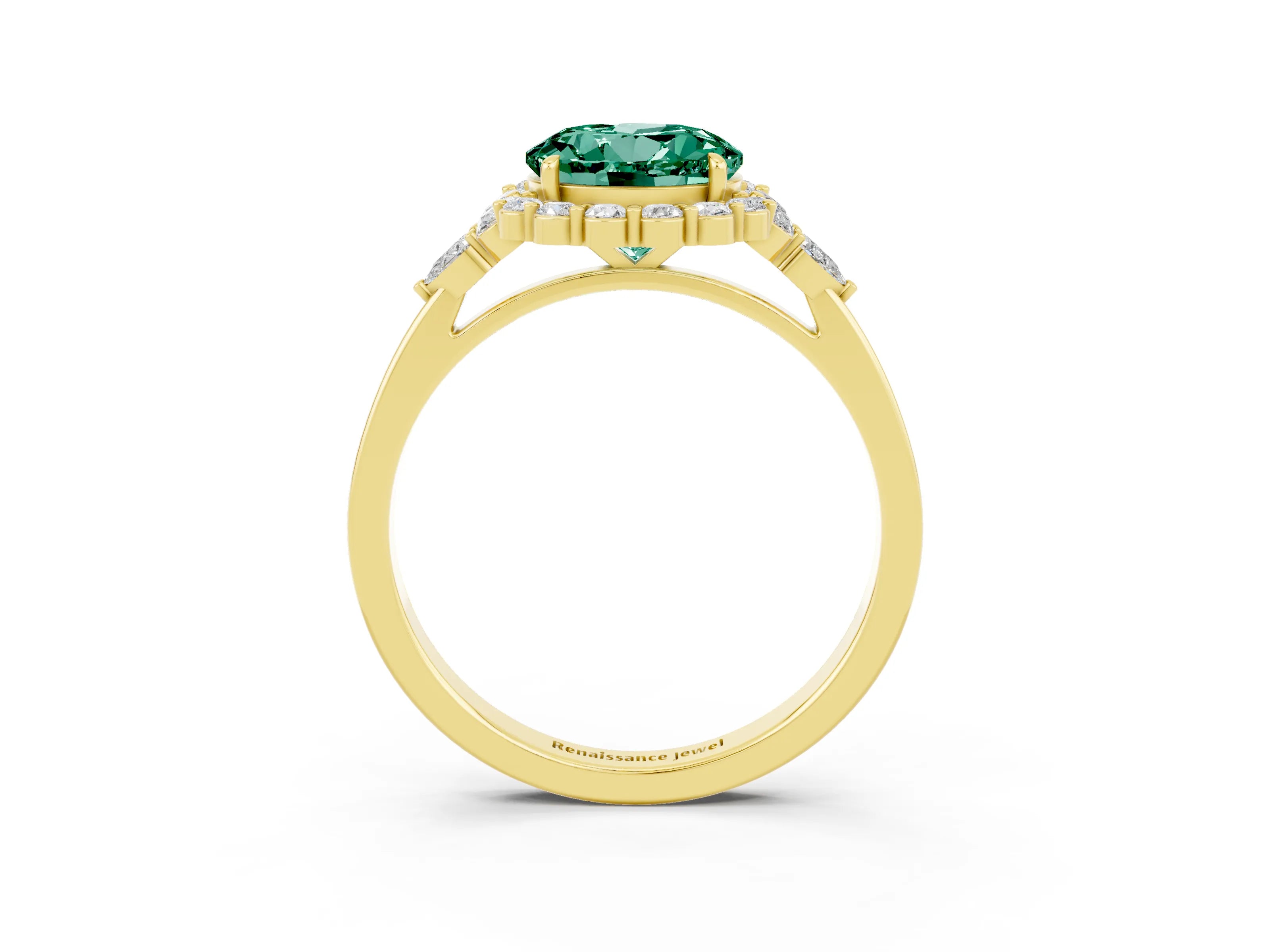 Yellow gold Round Cut Green Sapphire Halo Ring with Pear Side Stones and Prong Setting_15