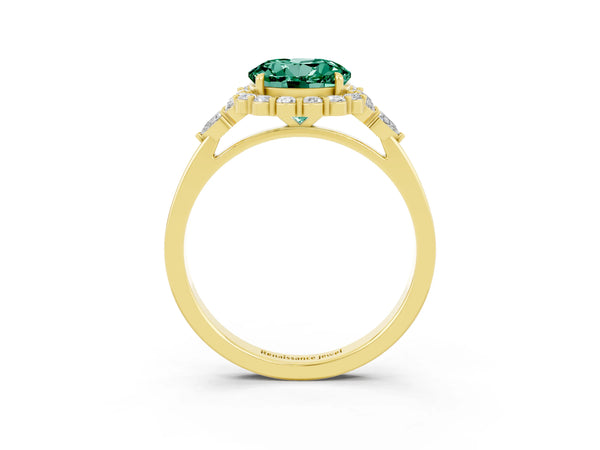 Yellow gold Round Cut Green Sapphire Halo Ring with Pear Side Stones and Prong Setting