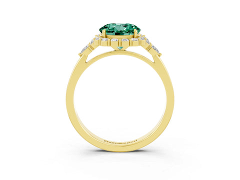Yellow gold Round Cut Green Sapphire Halo Ring with Pear Side Stones and Prong Setting_15