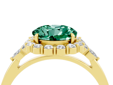 Yellow gold Round Cut Green Sapphire Halo Ring with Pear Side Stones and Prong Setting_16