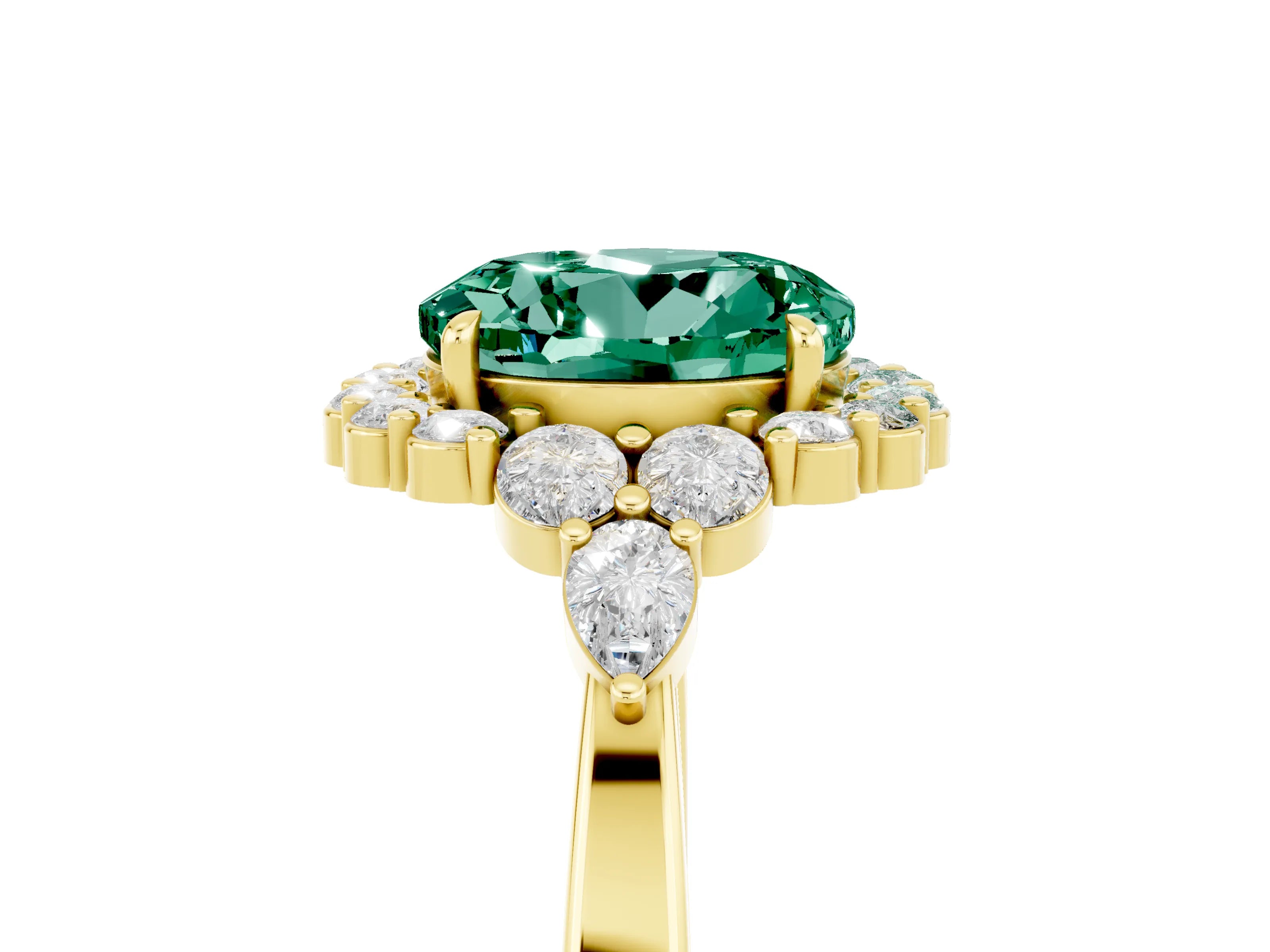 Yellow gold Round Cut Green Sapphire Halo Ring with Pear Side Stones and Prong Setting_17