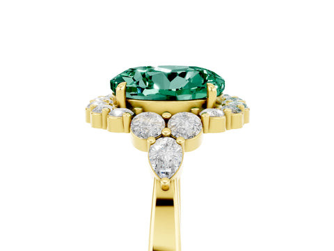 Yellow gold Round Cut Green Sapphire Halo Ring with Pear Side Stones and Prong Setting_17