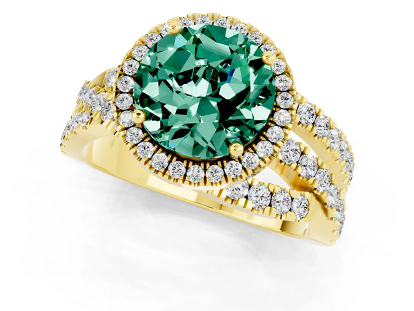 Yellow gold Round Cut Green Sapphire Halo Ring with Round Split Shank and Prong Setting