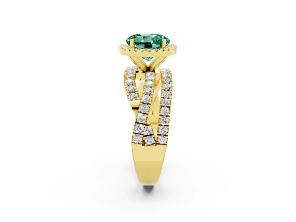 Yellow gold Round Cut Green Sapphire Halo Ring with Round Split Shank and Prong Setting