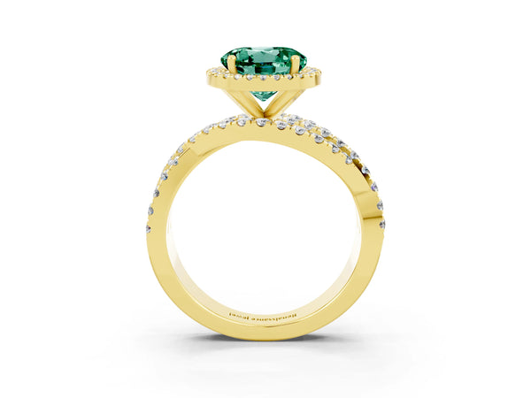 Yellow gold Round Cut Green Sapphire Halo Ring with Round Split Shank and Prong Setting