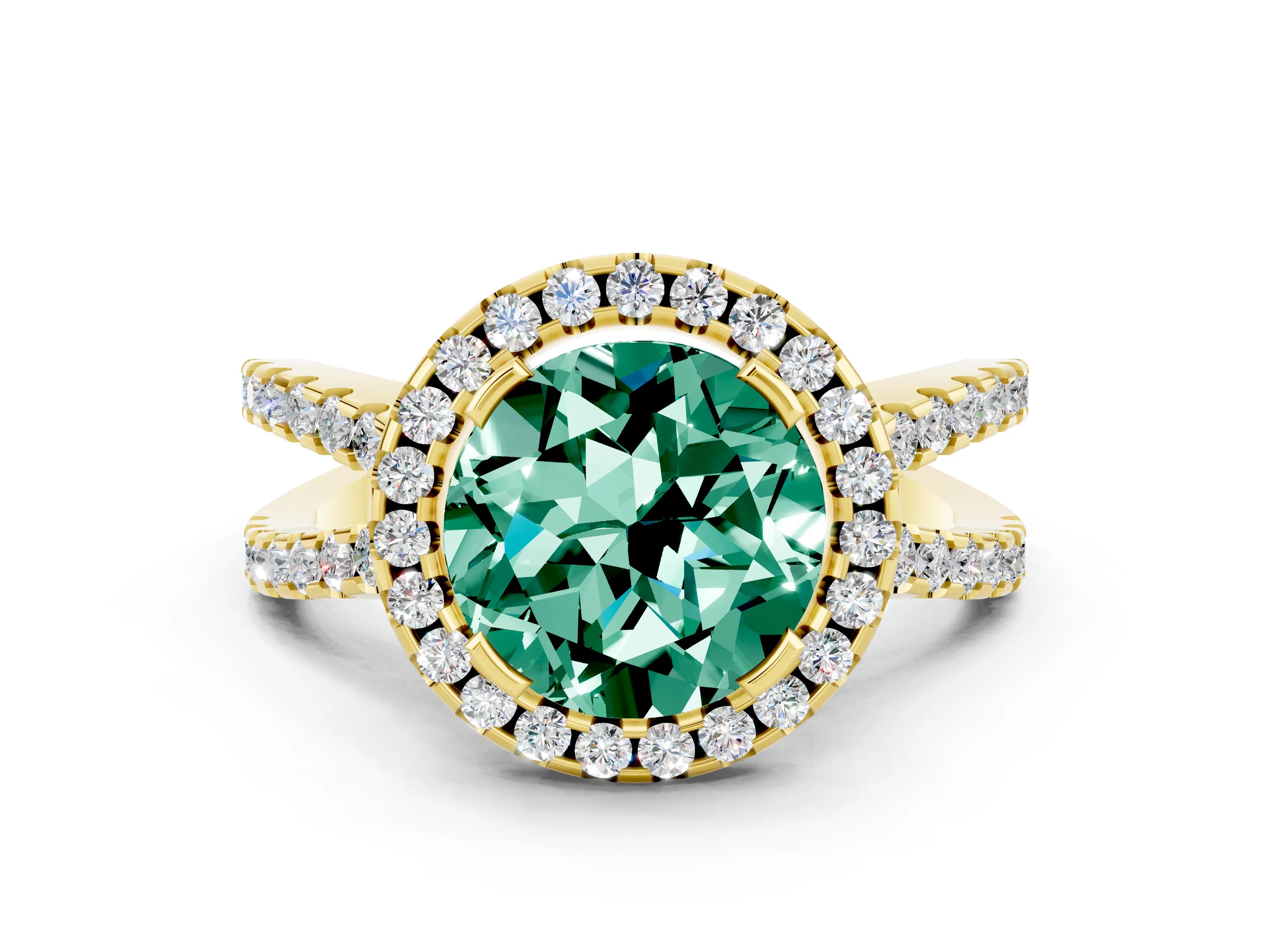 Yellow gold Round Cut Green Sapphire Halo Ring with Split Shank Pavé Band and Prong Setting