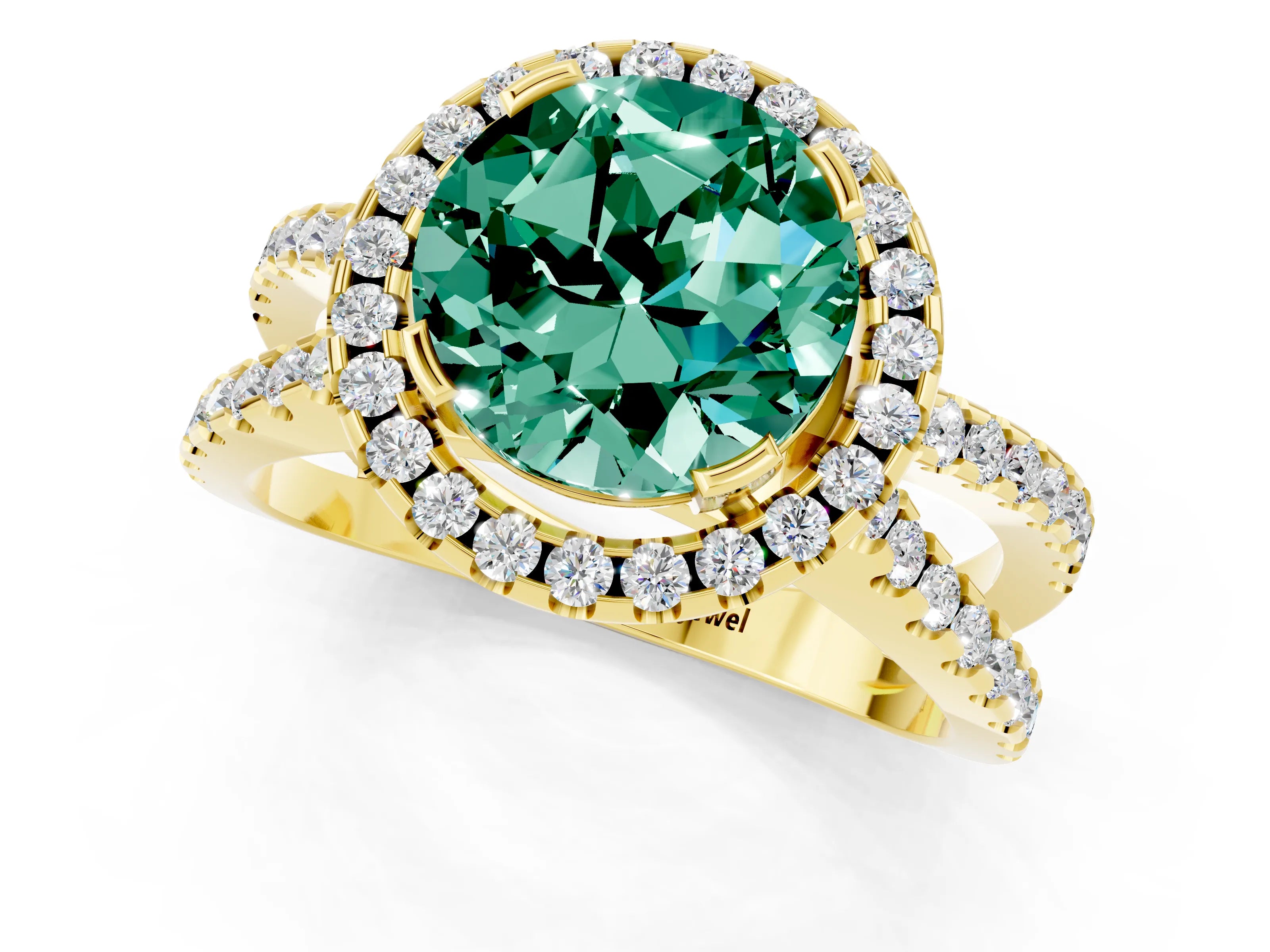 Yellow gold Round Cut Green Sapphire Halo Ring with Split Shank Pavé Band and Prong Setting_1