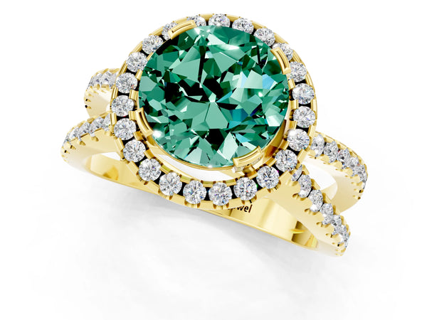 Yellow gold Round Cut Green Sapphire Halo Ring with Split Shank Pavé Band and Prong Setting