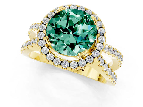 Yellow gold Round Cut Green Sapphire Halo Ring with Split Shank Pavé Band and Prong Setting_1