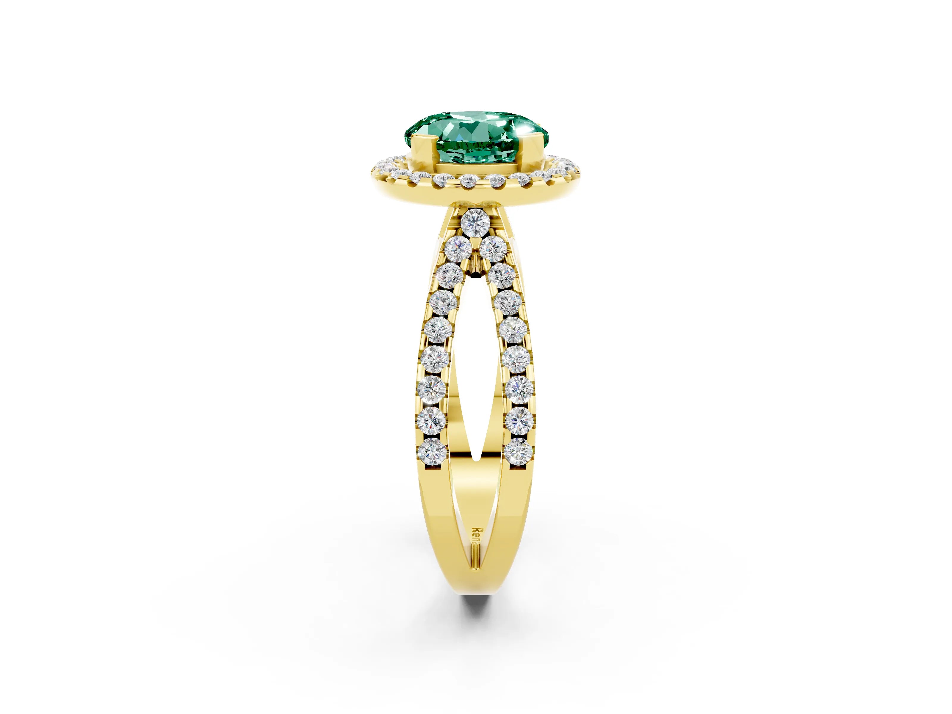 Yellow gold Round Cut Green Sapphire Halo Ring with Split Shank Pavé Band and Prong Setting_2