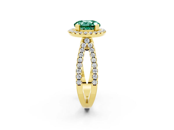 Yellow gold Round Cut Green Sapphire Halo Ring with Split Shank Pavé Band and Prong Setting