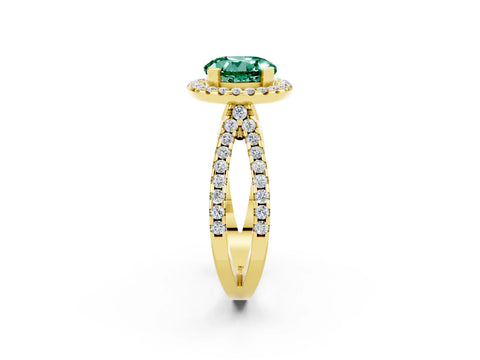 Yellow gold Round Cut Green Sapphire Halo Ring with Split Shank Pavé Band and Prong Setting_2