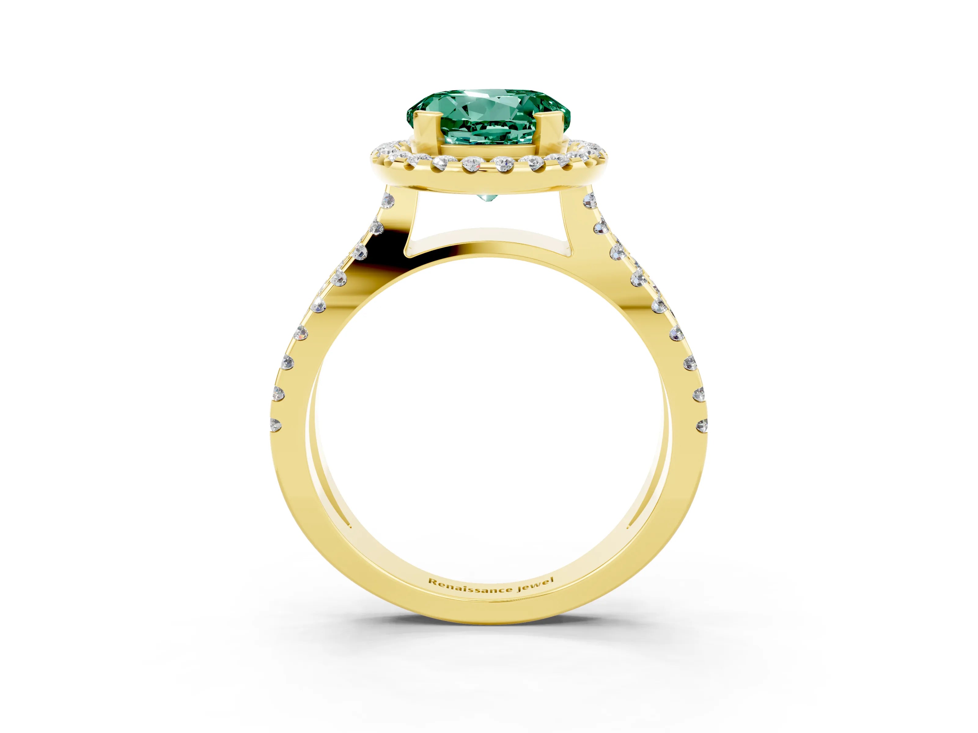 Yellow gold Round Cut Green Sapphire Halo Ring with Split Shank Pavé Band and Prong Setting_3