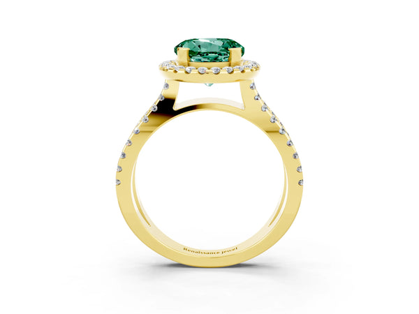 Yellow gold Round Cut Green Sapphire Halo Ring with Split Shank Pavé Band and Prong Setting