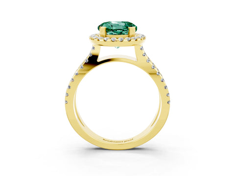 Yellow gold Round Cut Green Sapphire Halo Ring with Split Shank Pavé Band and Prong Setting_3