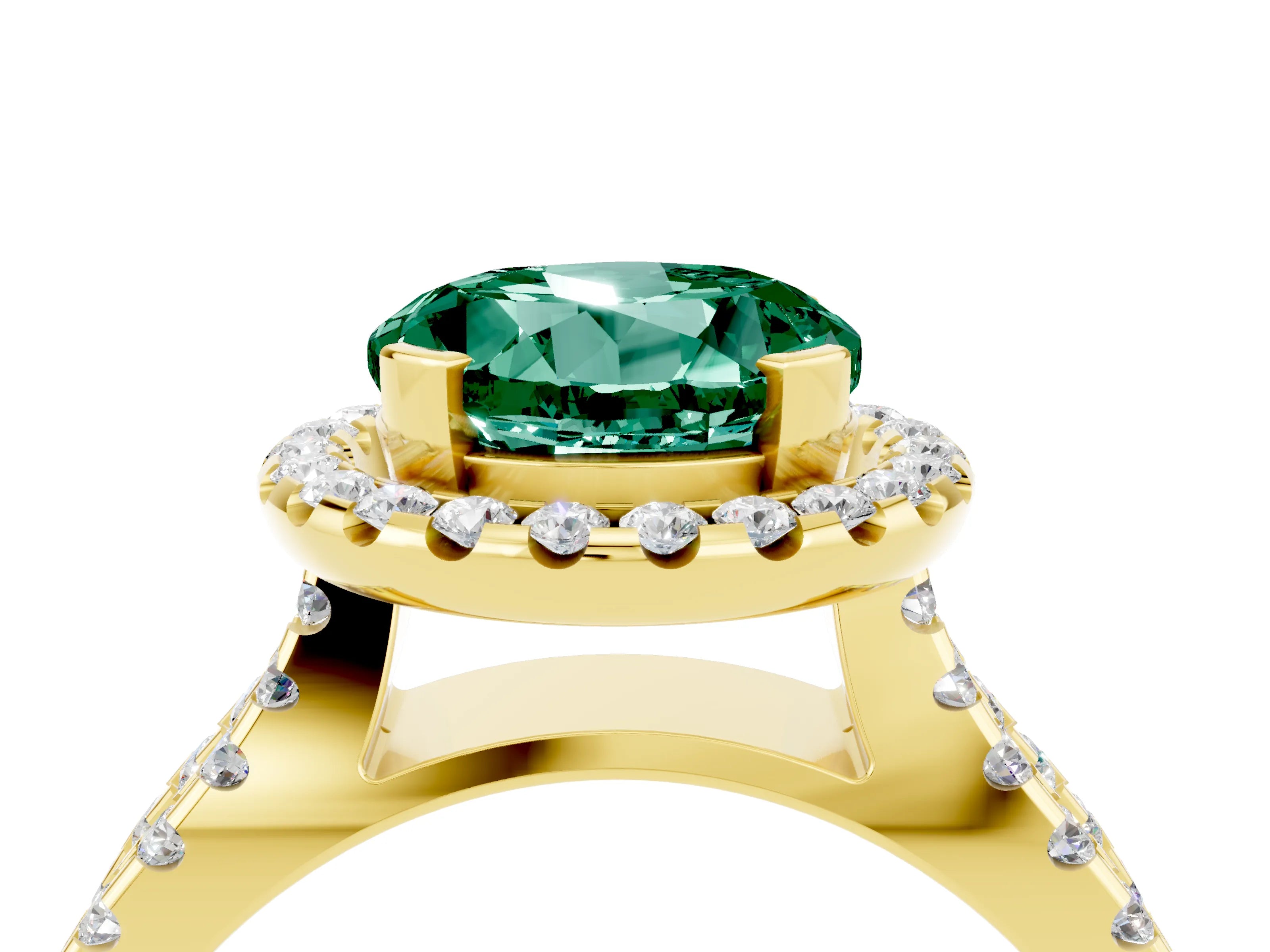 Yellow gold Round Cut Green Sapphire Halo Ring with Split Shank Pavé Band and Prong Setting_4