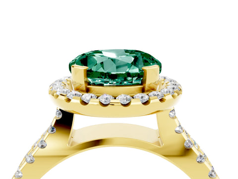 Yellow gold Round Cut Green Sapphire Halo Ring with Split Shank Pavé Band and Prong Setting_4