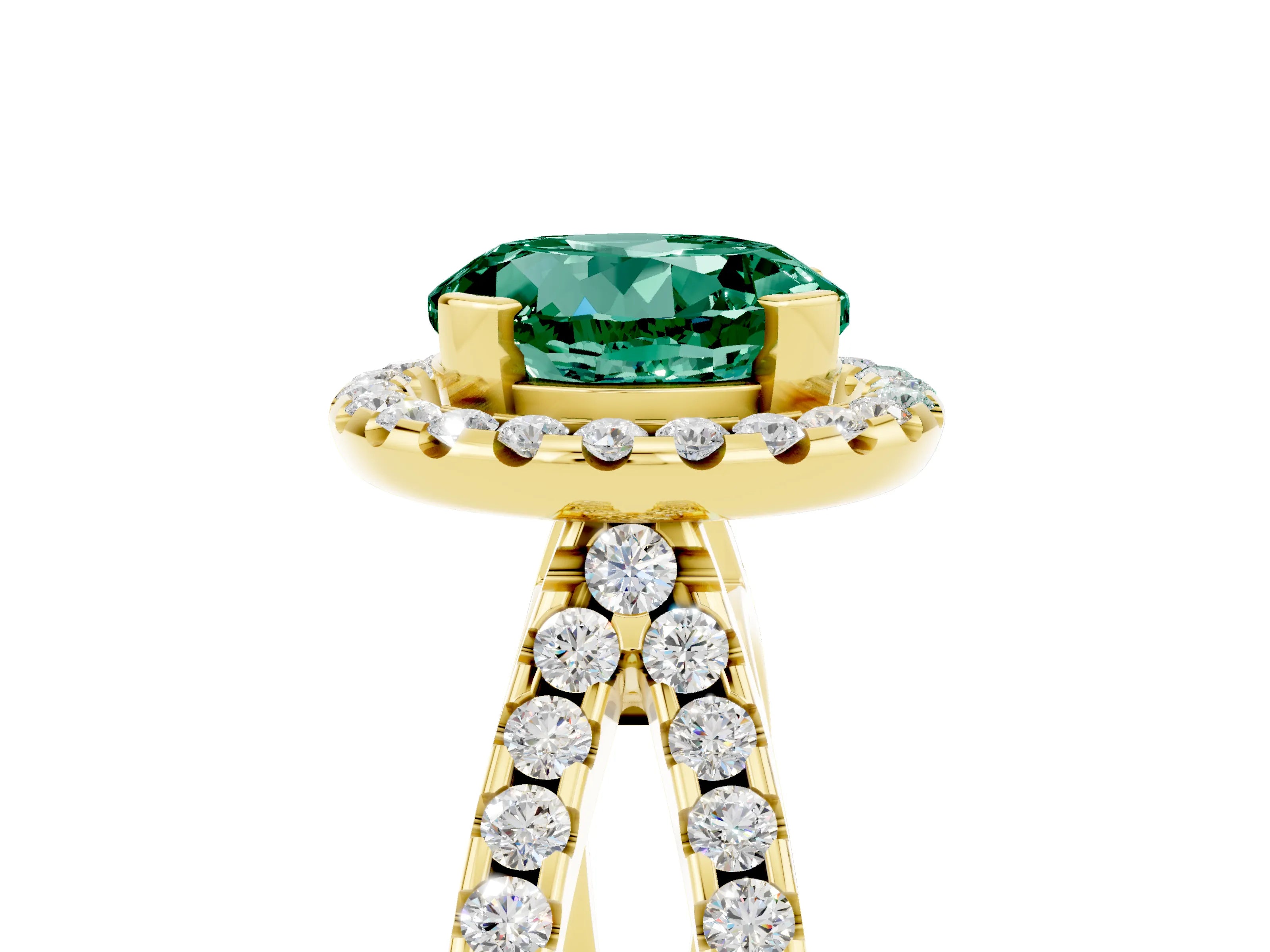 Yellow gold Round Cut Green Sapphire Halo Ring with Split Shank Pavé Band and Prong Setting_5