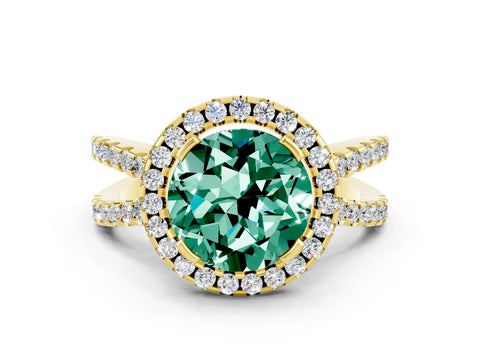 Yellow gold Round Cut Green Sapphire Halo Ring with Split Shank Pavé Band and Prong Setting