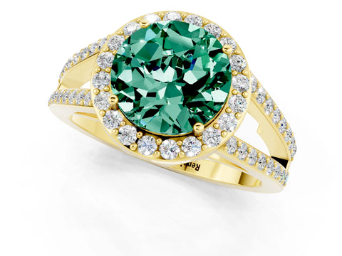 Yellow gold Round Cut Green Sapphire Halo Ring with Split Shank U-Prong Band and Four-Prong Setting_1