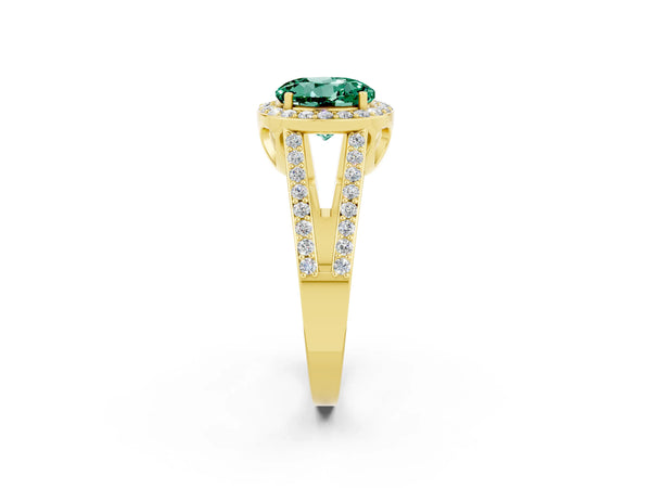 Yellow gold Round Cut Green Sapphire Halo Ring with Split Shank U-Prong Band and Four-Prong Setting