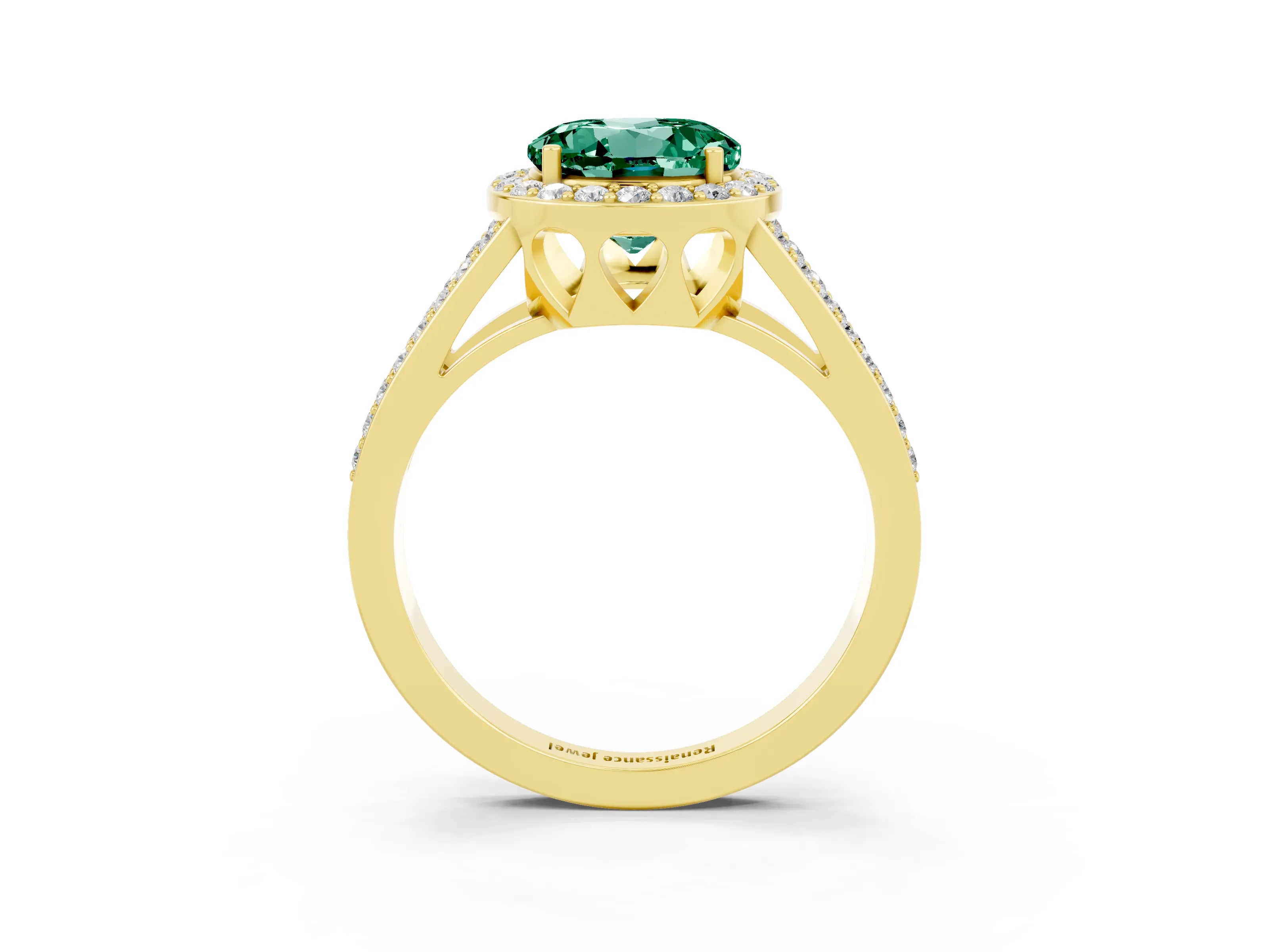 Yellow gold Round Cut Green Sapphire Halo Ring with Split Shank U-Prong Band and Four-Prong Setting_3