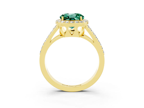 Yellow gold Round Cut Green Sapphire Halo Ring with Split Shank U-Prong Band and Four-Prong Setting