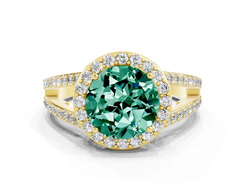 Yellow gold Round Cut Green Sapphire Halo Ring with Split Shank U-Prong Band and Four-Prong Setting