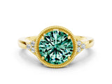 Yellow gold Round Cut Green Sapphire Halo Ring with Tapered Band and Four-Prong Setting