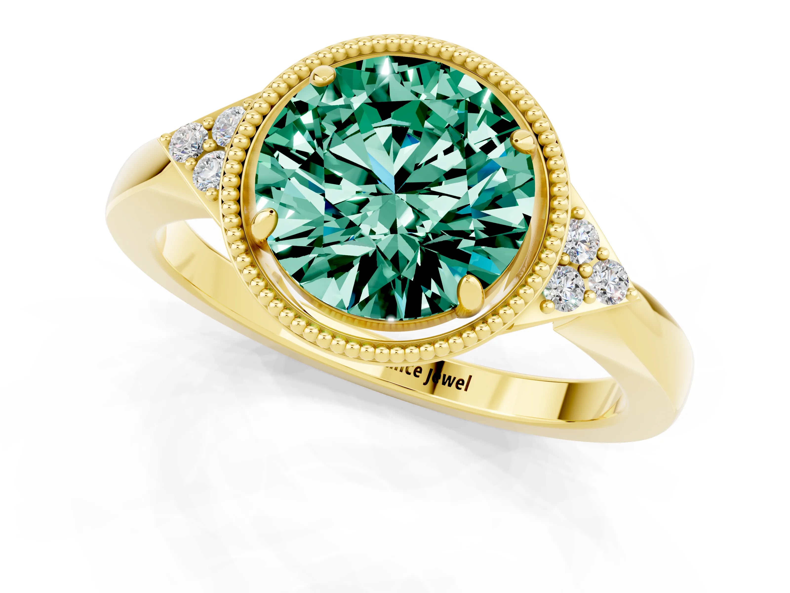 Yellow gold Round Cut Green Sapphire Halo Ring with Tapered Band and Four-Prong Setting_1