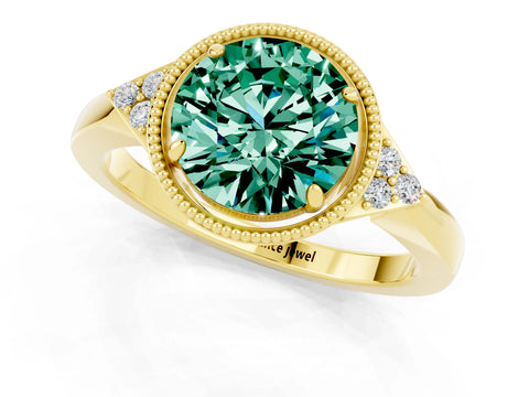 Yellow gold Round Cut Green Sapphire Halo Ring with Tapered Band and Four-Prong Setting_1