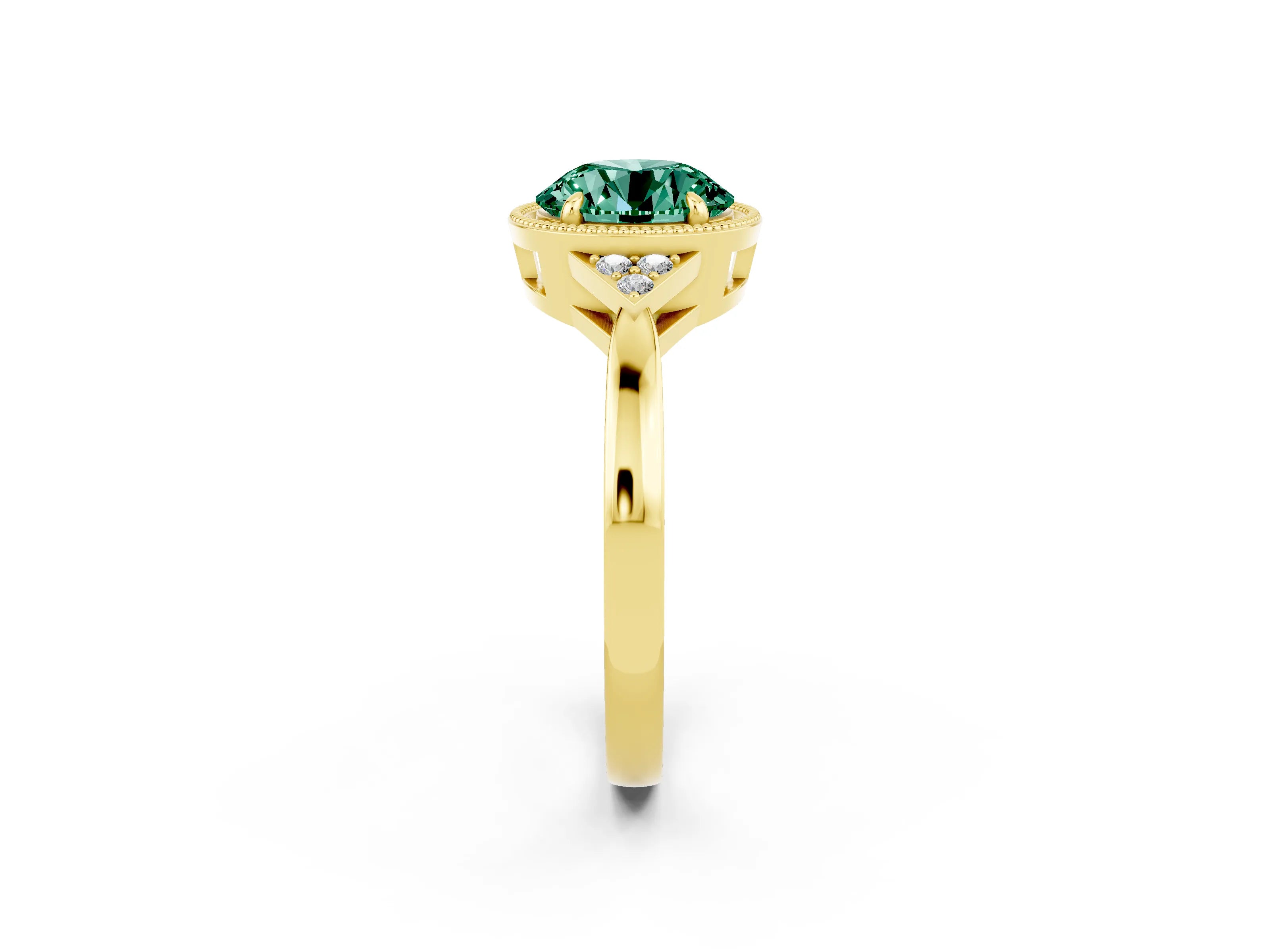 Yellow gold Round Cut Green Sapphire Halo Ring with Tapered Band and Four-Prong Setting_2