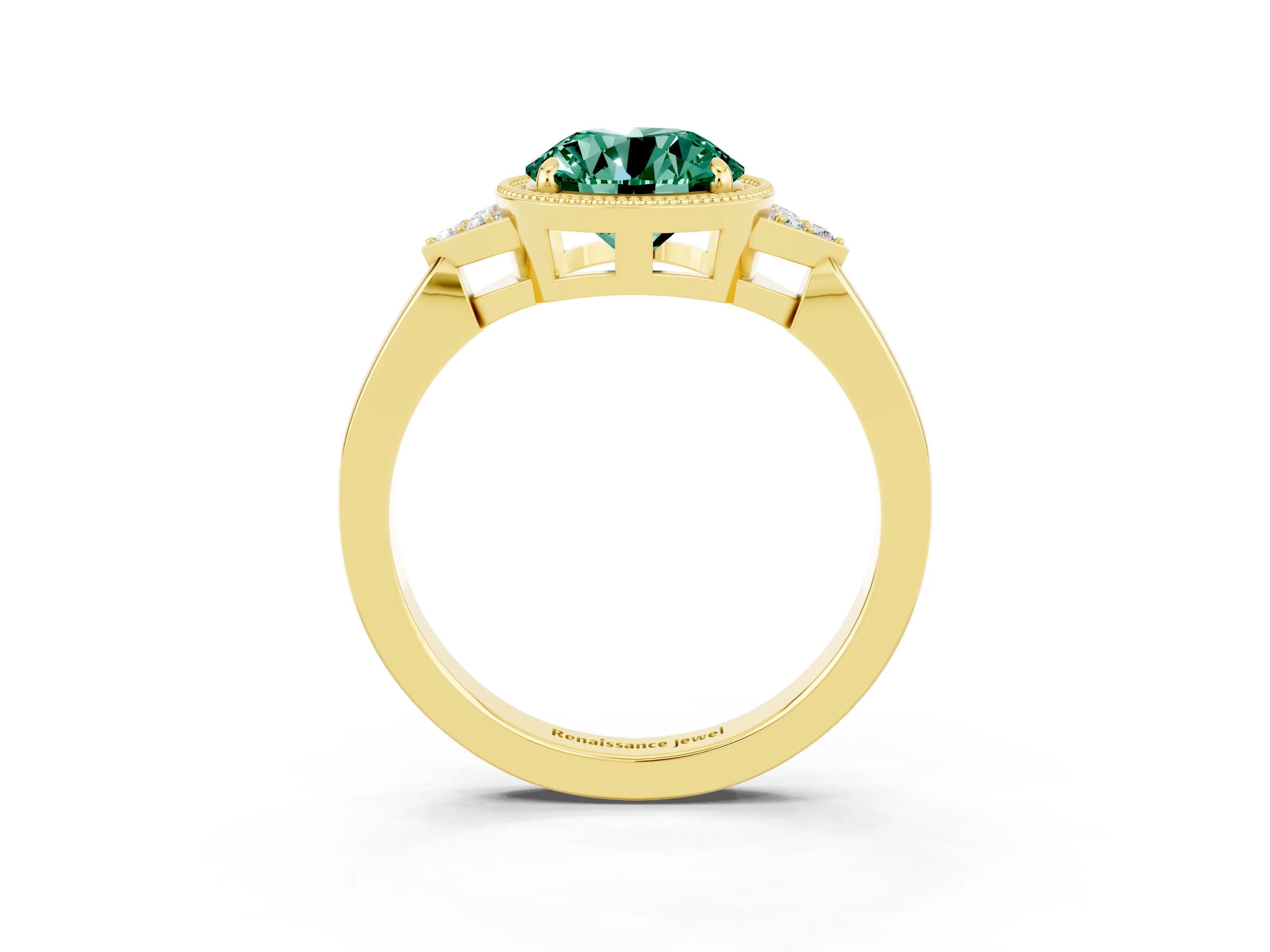 Yellow gold Round Cut Green Sapphire Halo Ring with Tapered Band and Four-Prong Setting_3