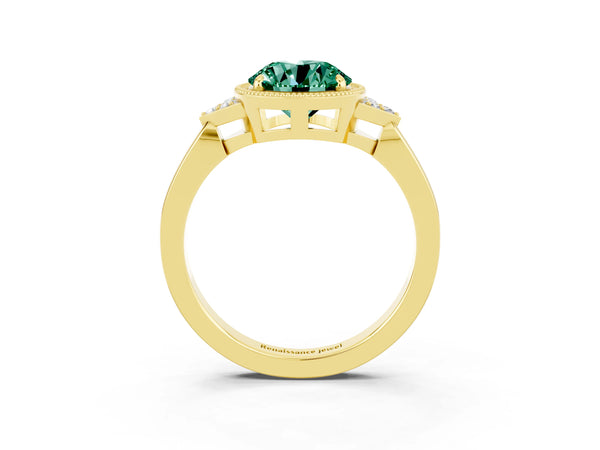 Yellow gold Round Cut Green Sapphire Halo Ring with Tapered Band and Four-Prong Setting