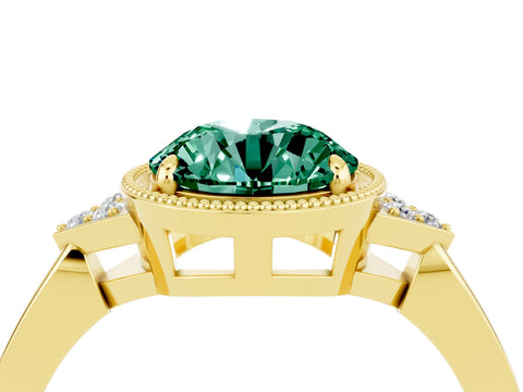 Yellow gold Round Cut Green Sapphire Halo Ring with Tapered Band and Four-Prong Setting_4