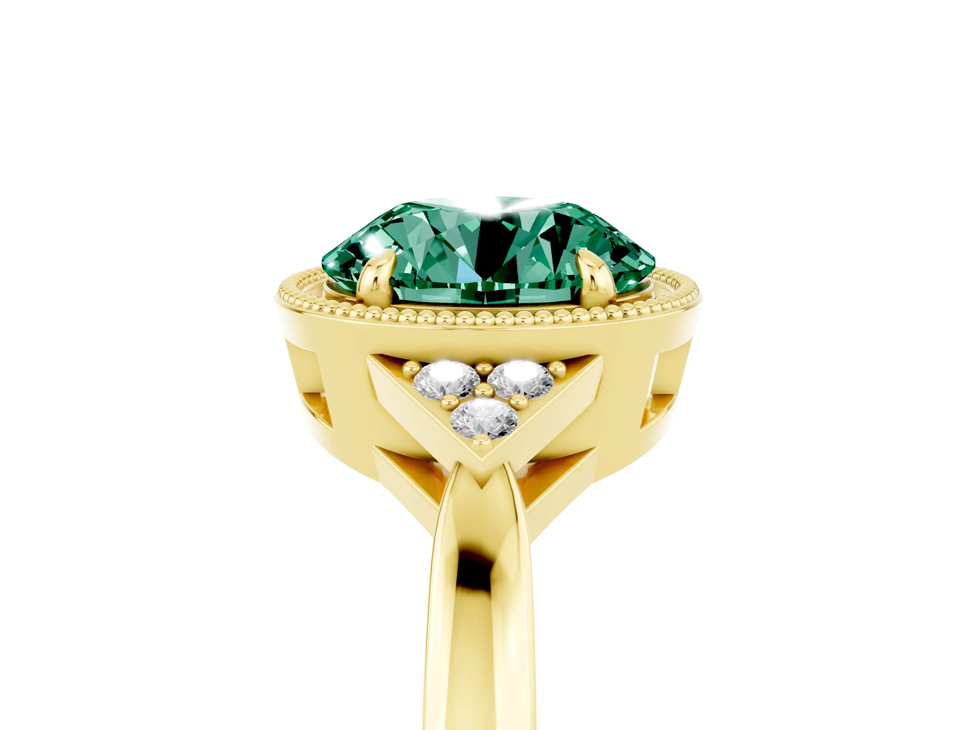 Yellow gold Round Cut Green Sapphire Halo Ring with Tapered Band and Four-Prong Setting_5