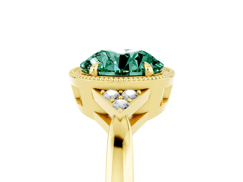 Yellow gold Round Cut Green Sapphire Halo Ring with Tapered Band and Four-Prong Setting_5